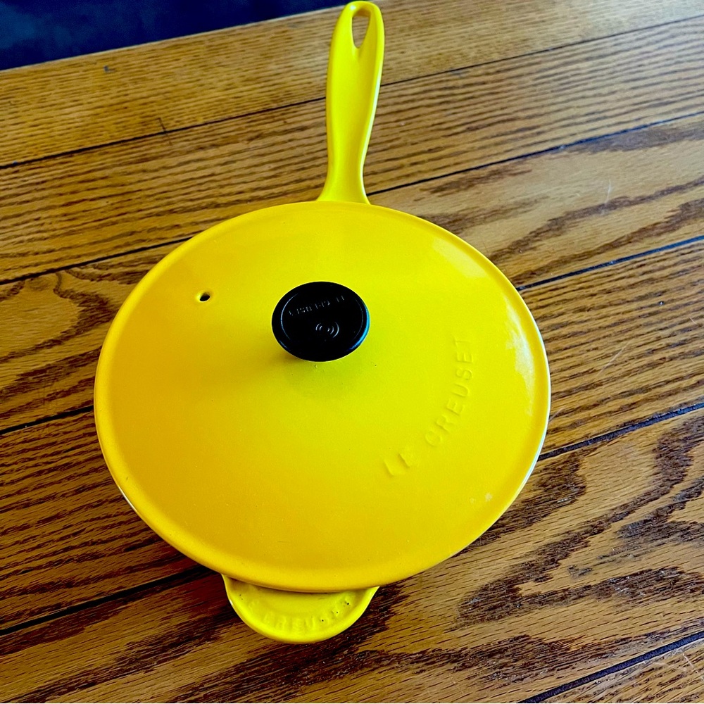 Le Creuset enameled 2.2 qt cast iron sauce pan in Dijon